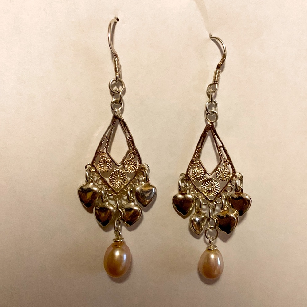 💝Sterling Silver 925 Chandelier Heart Earrings Pale Pink Pearl